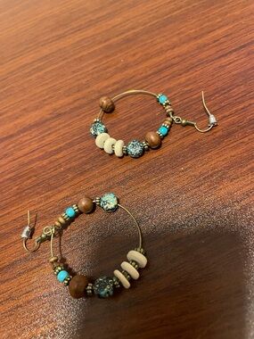 Unlisted Turquoise, Brown & Cream Beaded Hoop Earrings